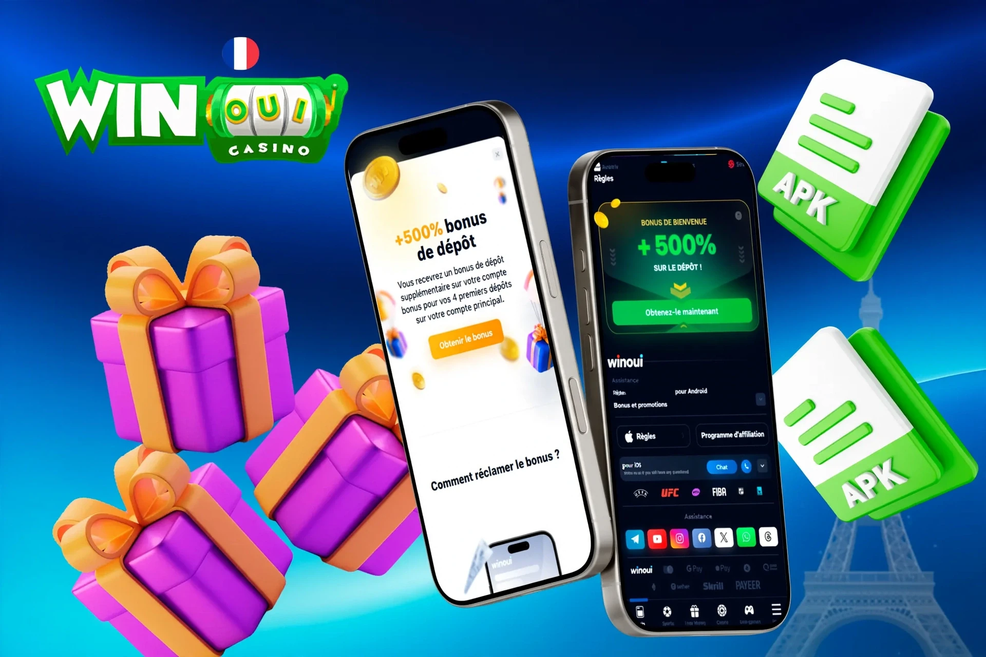 1Win mobile app promotion with 500% deposit bonus and gift box illustration