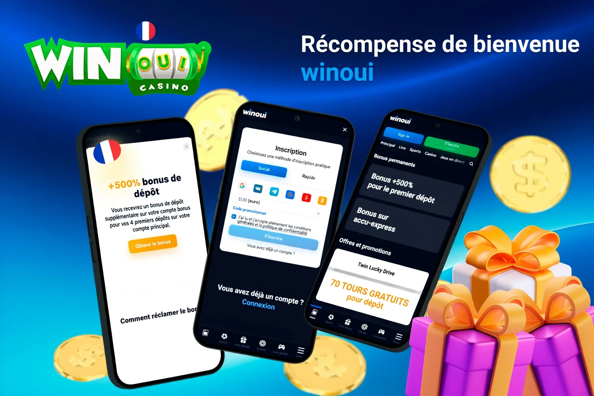 Écrans mobiles affichant l'inscription Winoui et un bonus de dépôt de 500 % avec des coffrets cadeaux