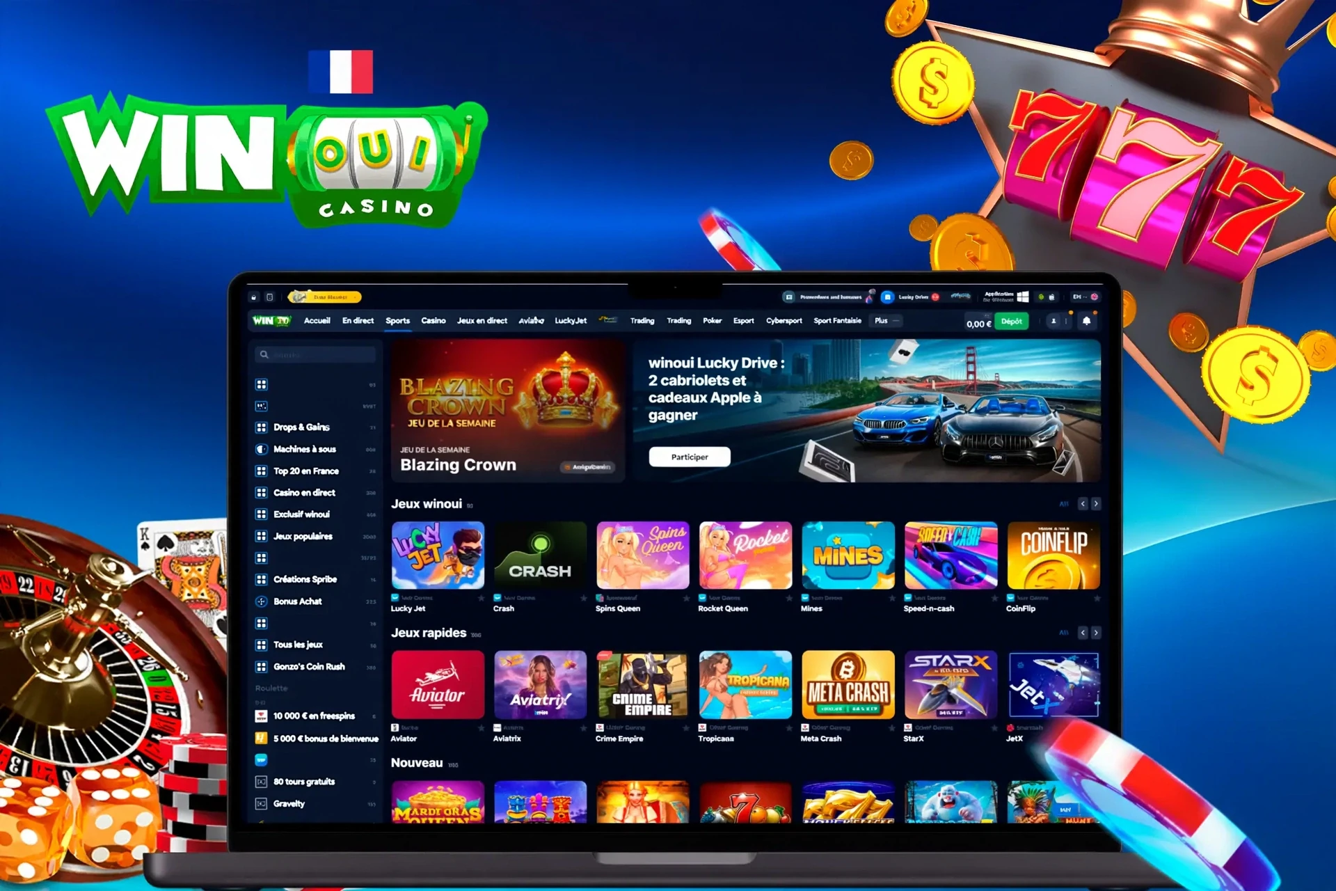 Page d'accueil du casino avec divers jeux de machines à sous et crash, dont Lucky Jet et Blazing Crown
