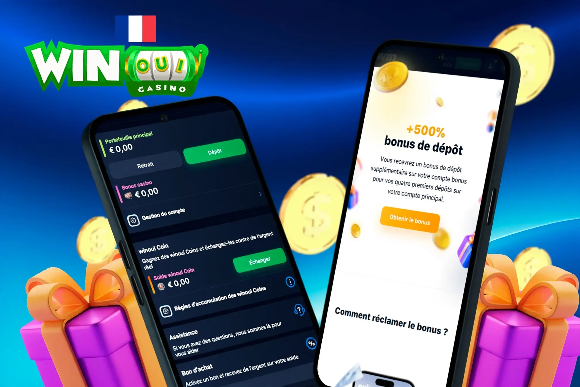 écran de dépôt et retrait montrant le solde du portefeuille, les options de gestion du compte et une offre de bonus de dépôt de 500 %