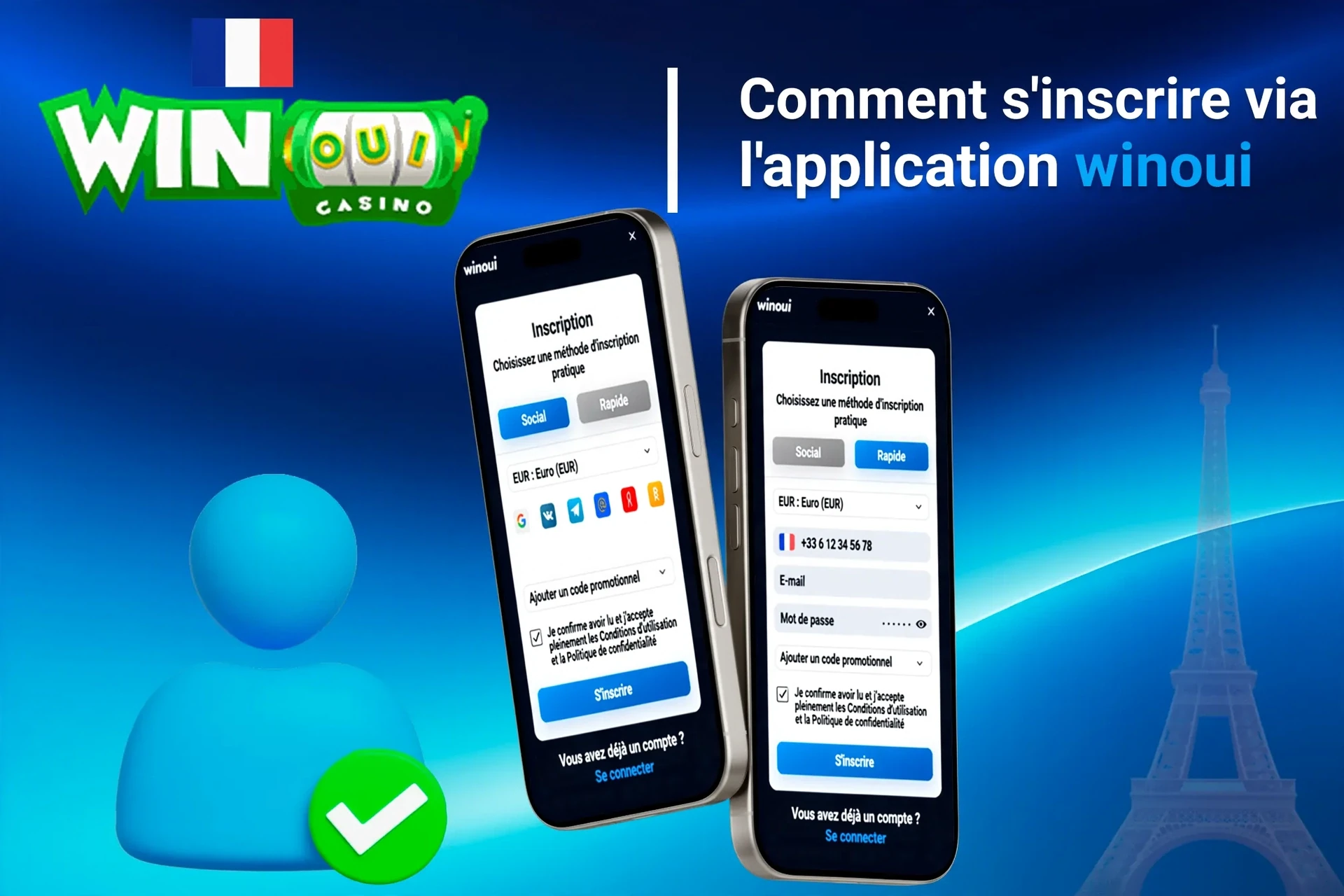 Processus d'inscription sur l'application mobile Winoui avec options de connexion sociale