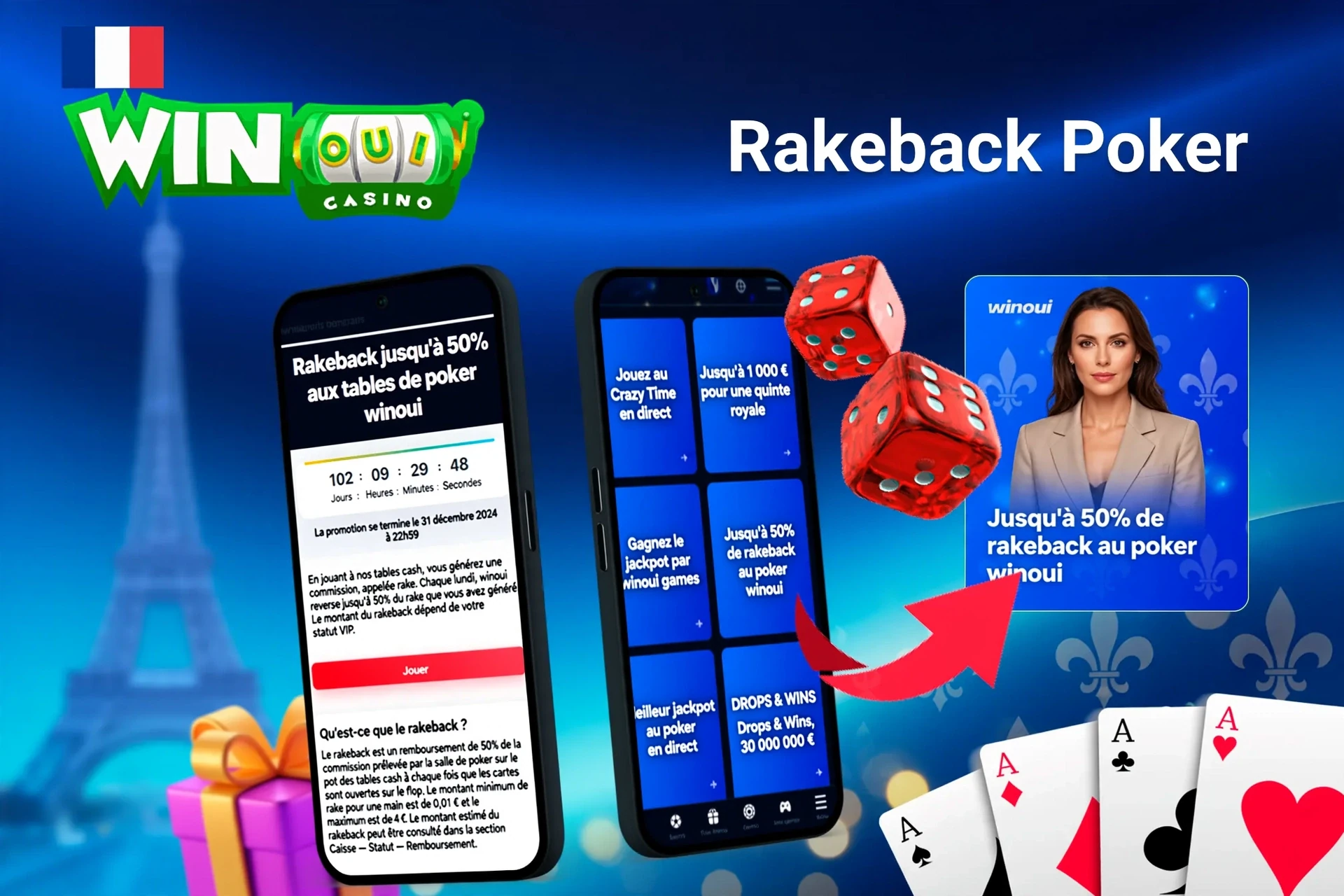 Mobile app with 1Win poker rakeback offer up to 50%, red dice, and playing cards