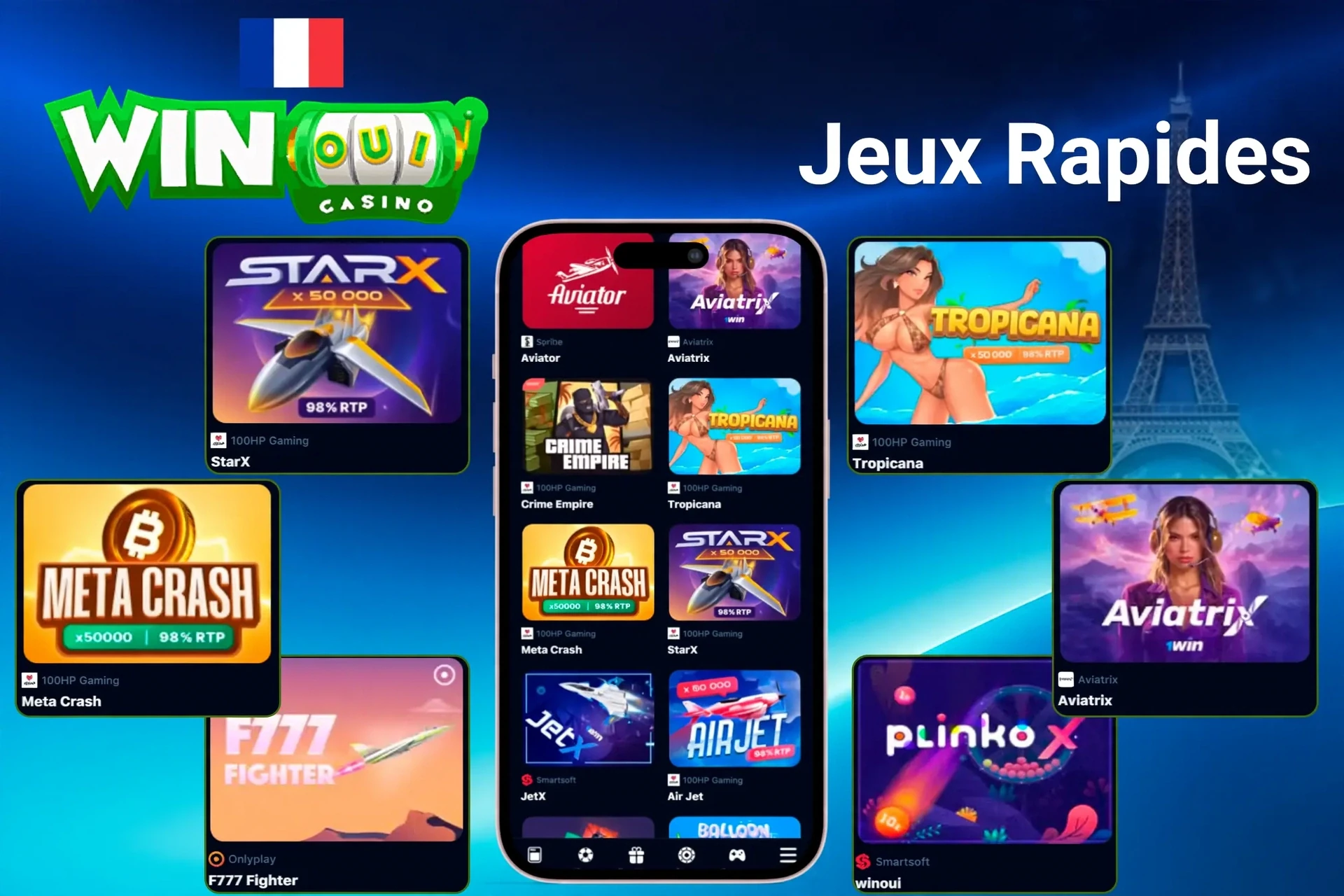 quick games section with titles like StarX, Tropicana, Meta Crash, and PlinkoX highlighted on mobile app