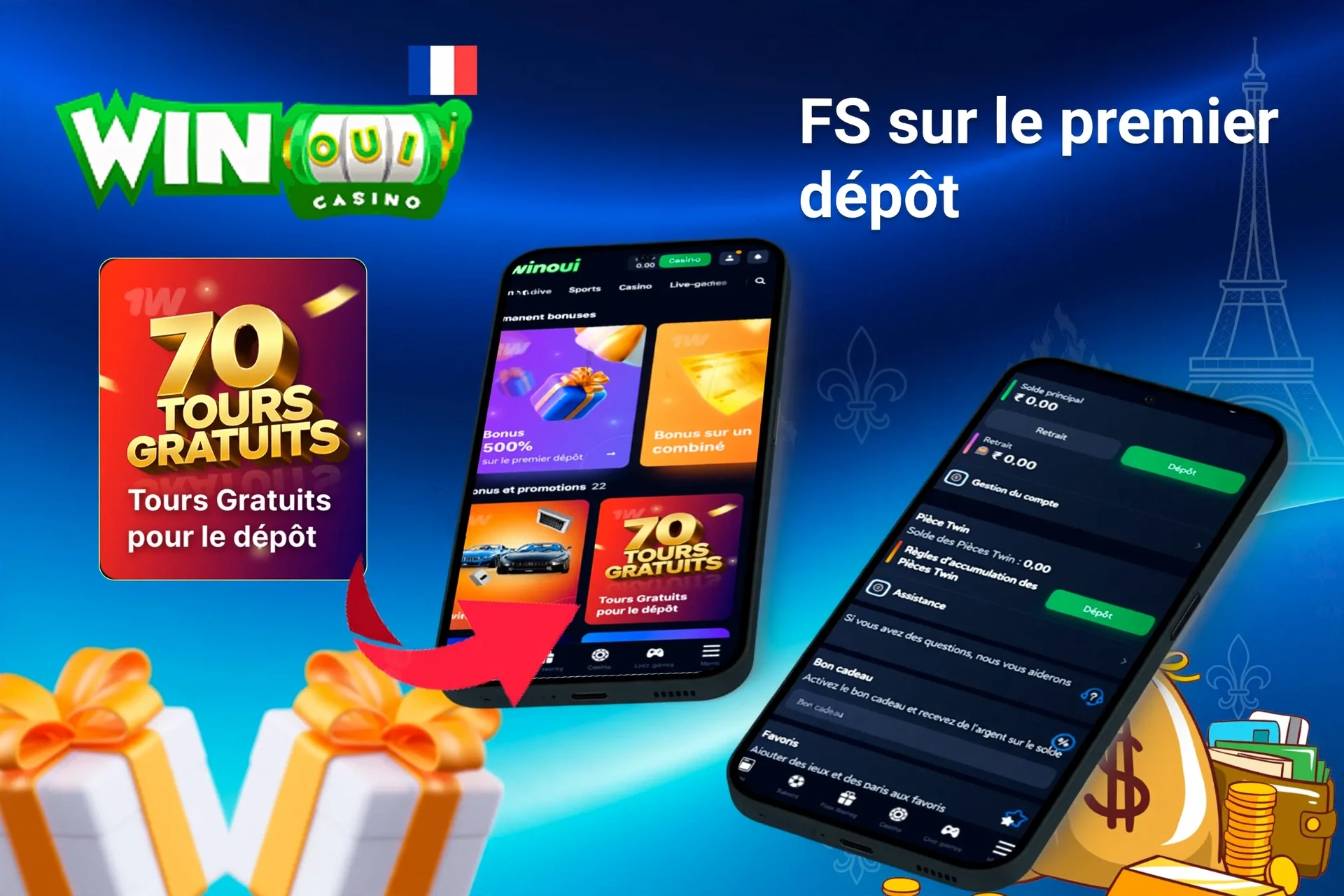Mobile app showing casino game offers like loyalty program and free spins with poker chips and cards