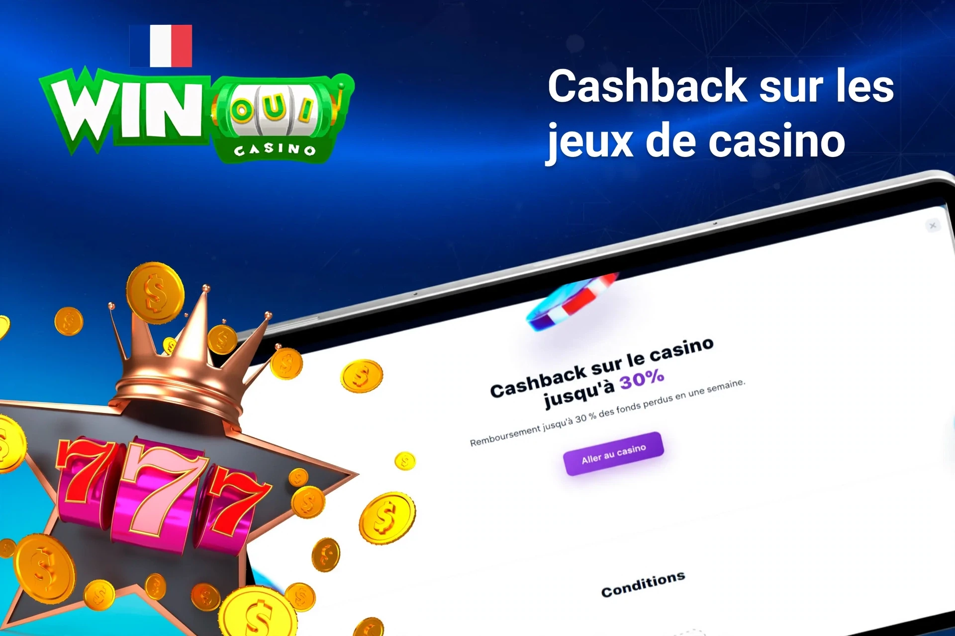 Mobile app with 1Win poker rakeback offer up to 50%, red dice, and playing cards