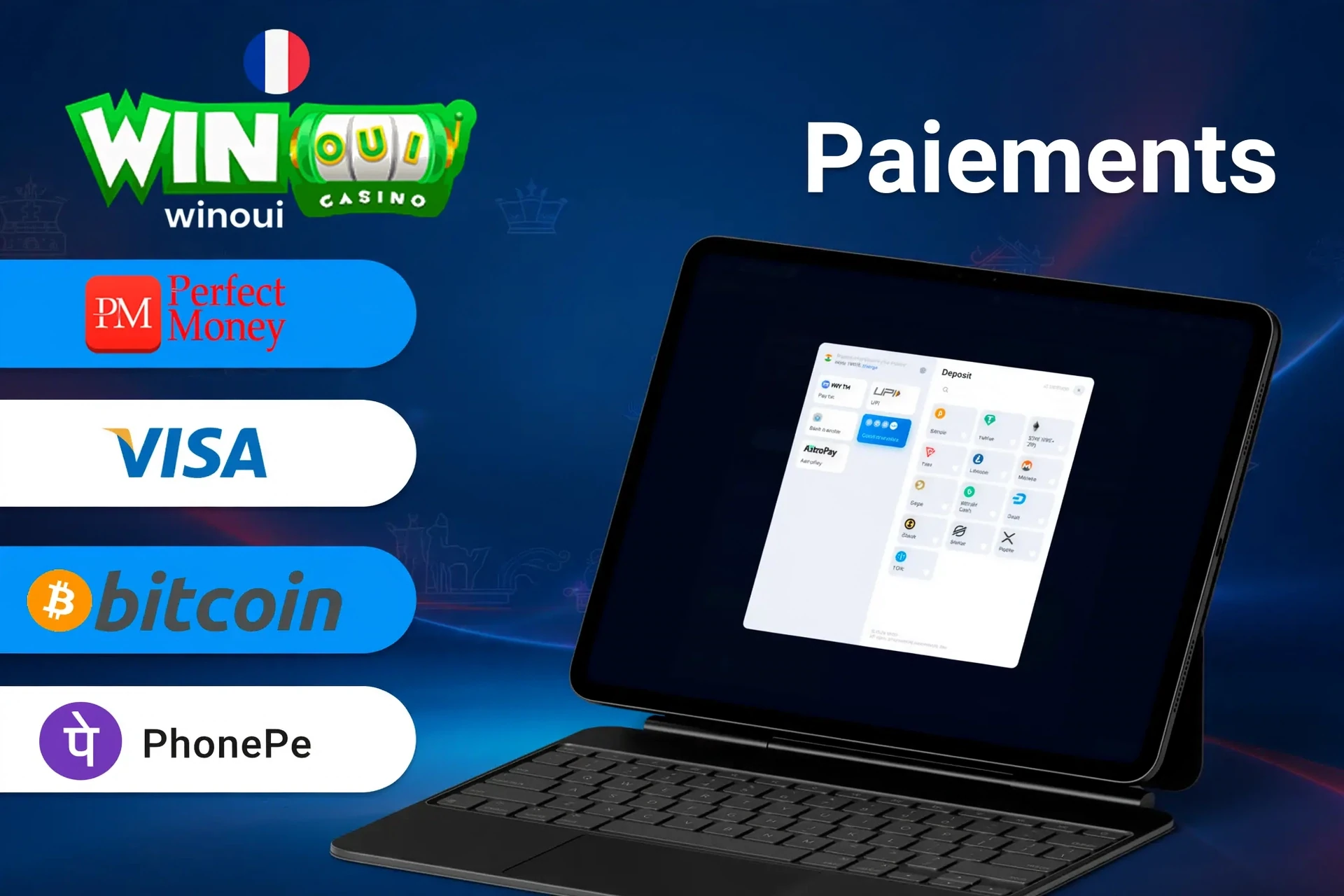 Méthodes de paiement Winoui incluant Perfect Money, Visa, Bitcoin et Neosurf pour des transactions rapides et sécurisées