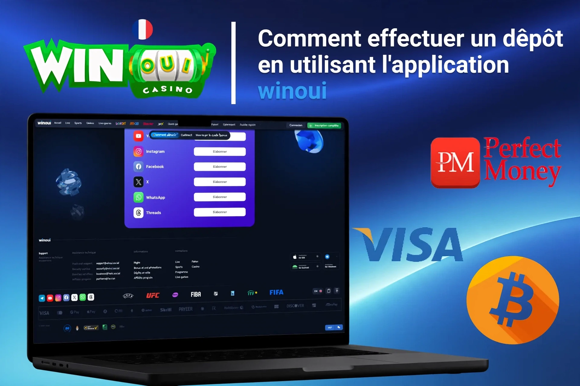 Processus d'inscription sur l'application mobile Winoui avec options de connexion sociale