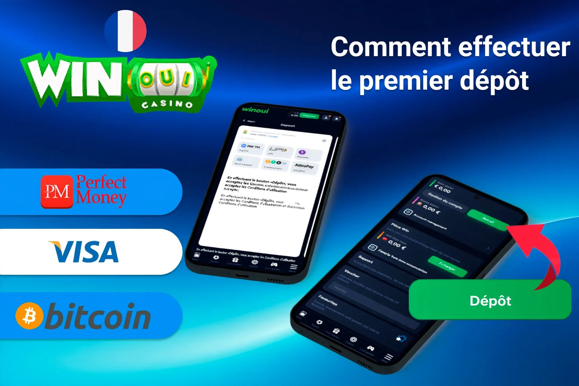 application mobile avec des options de dépôt incluant Perfect Money, Visa et Bitcoin, ainsi qu'un bouton de dépôt