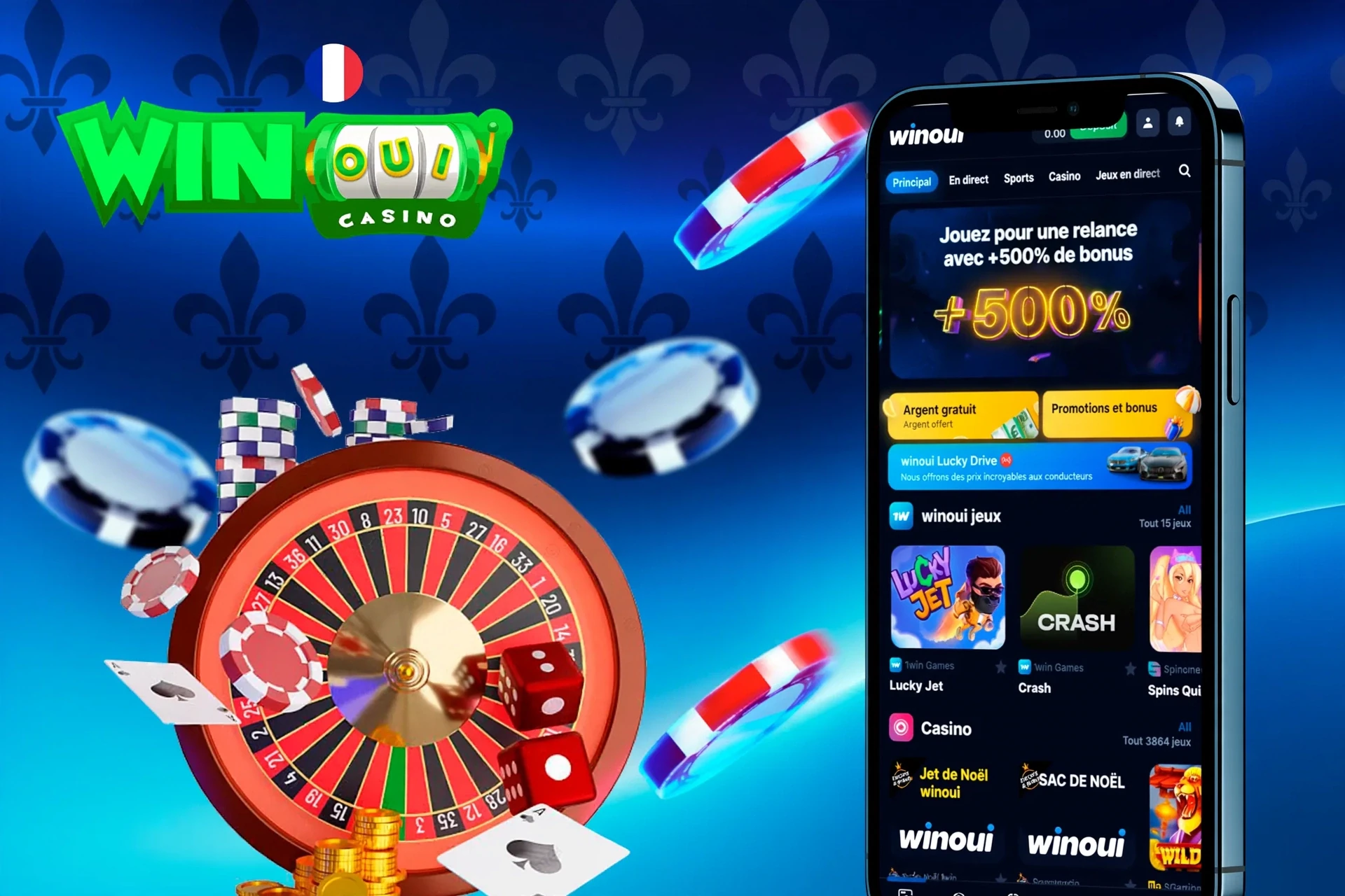 Version mobile de l'application Winoui affichée sur des smartphones, offrant un accès rapide à diverses fonctionnalités de paris et de jeux