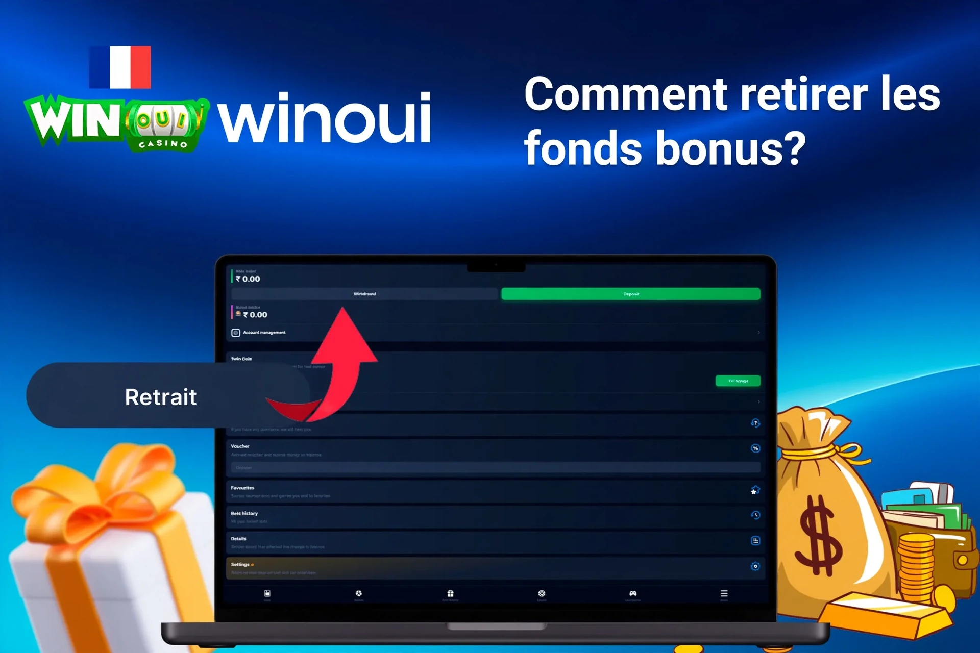Écran d'ordinateur montrant les options de retrait de Winoui avec des sacs d'argent et des coffrets cadeaux en arrière-plan