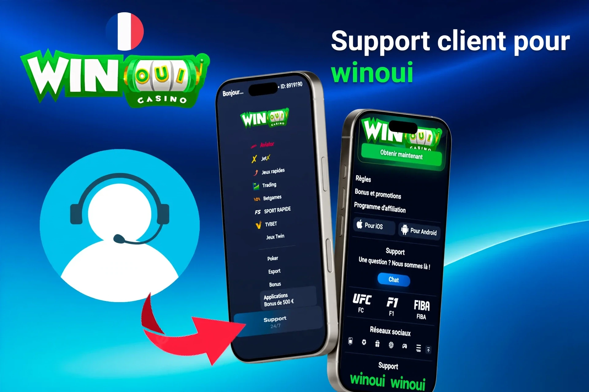 Fonction de support client de l'application, mettant en avant les options de contact via l'application