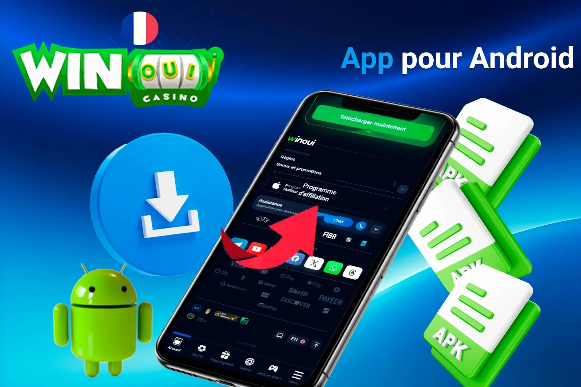 Processus de téléchargement de l'application Android avec icônes de fichiers APK et mascotte Android