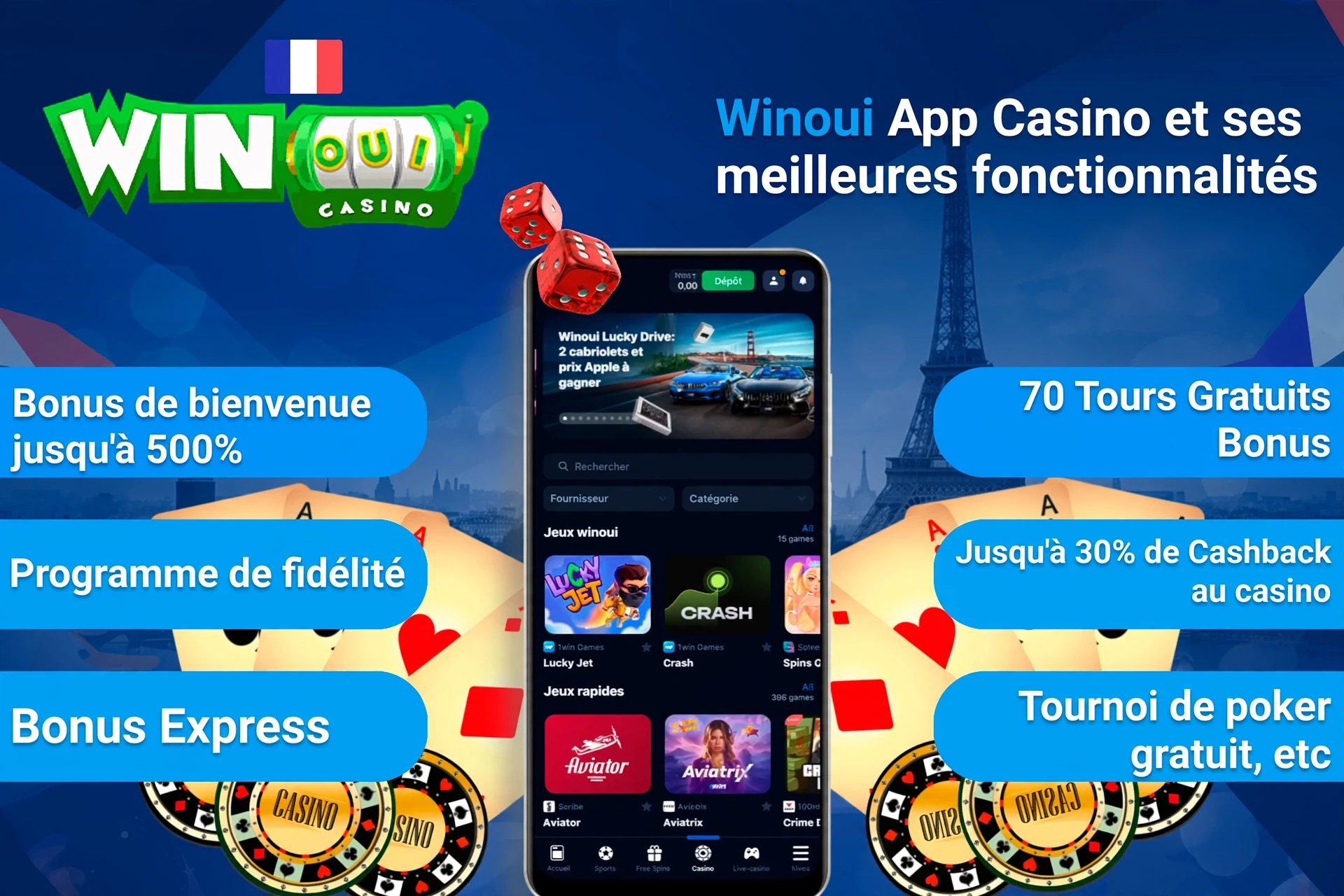 Fonctionnalités principales de l'application Casino Winoui, y compris bonus de bienvenue, programme de fidélité et bonus express sur l'interface mobile