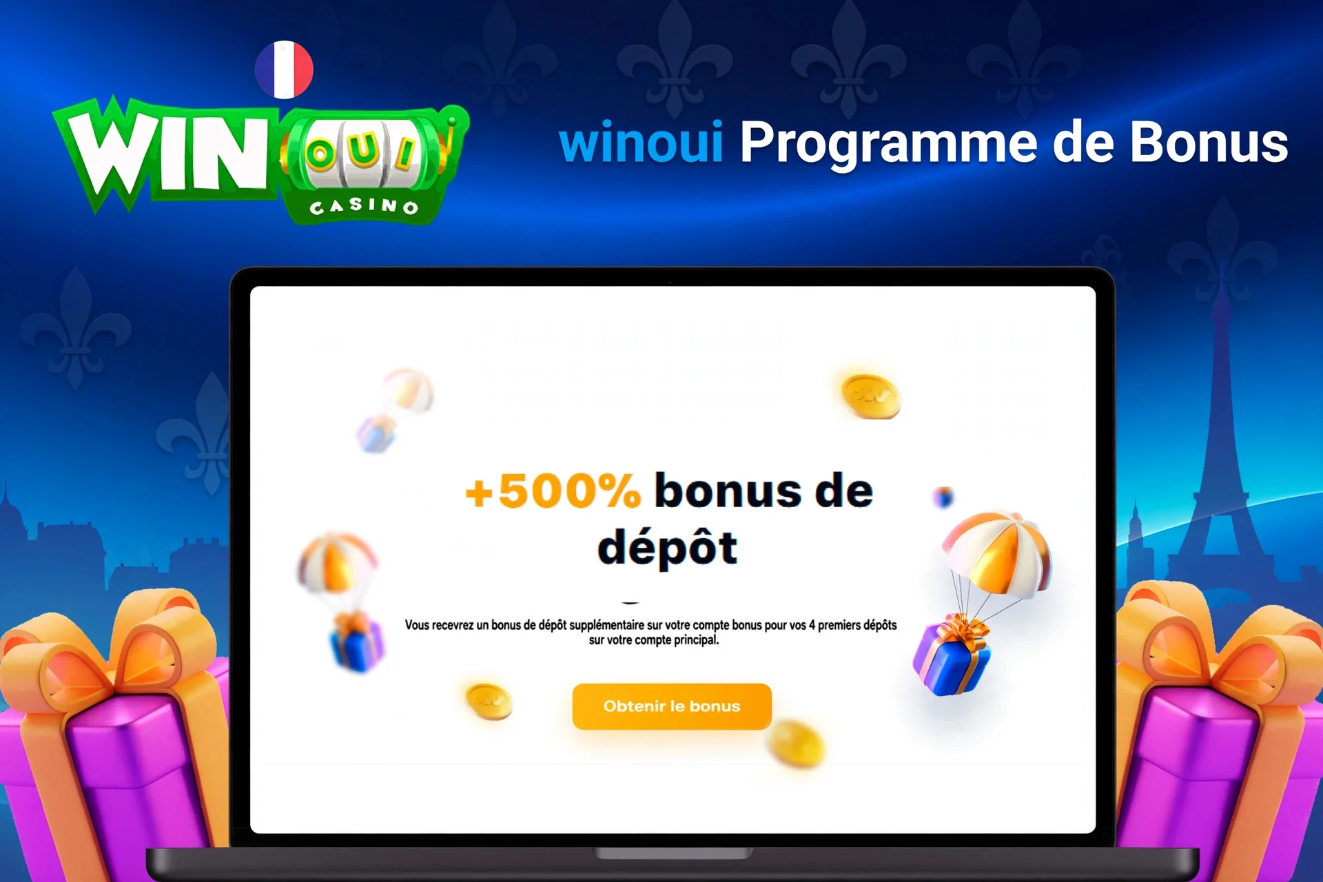 Laptop showing bonus offer of +500% deposit bonus with floating coins and gifts