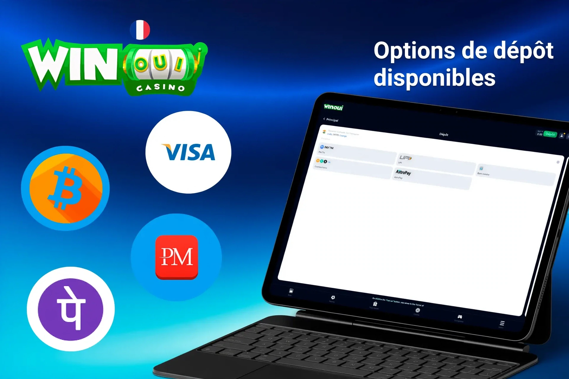Options de dépôt disponibles sur la plateforme Winoui, incluant Bitcoin, Visa, PayTM et Perfect Money, affichées sur une tablette