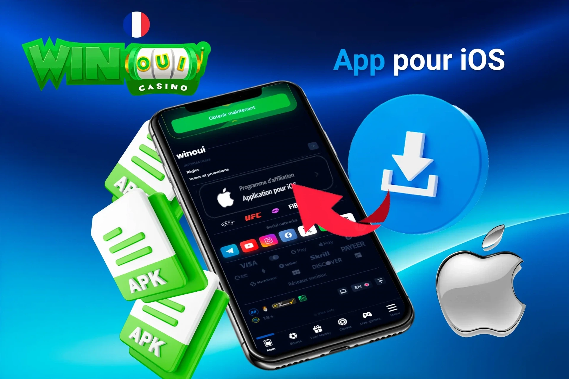 Écran de téléchargement de l'application iOS avec icônes de fichiers et logo Apple