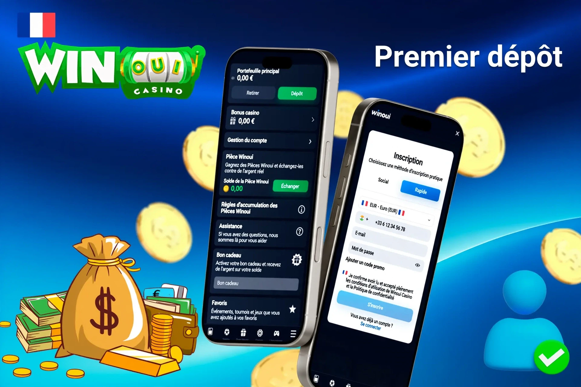 interface mobile montrant les étapes pour effectuer le premier dépôt, avec des icônes pour les options de paiement et l'inscription au bonus