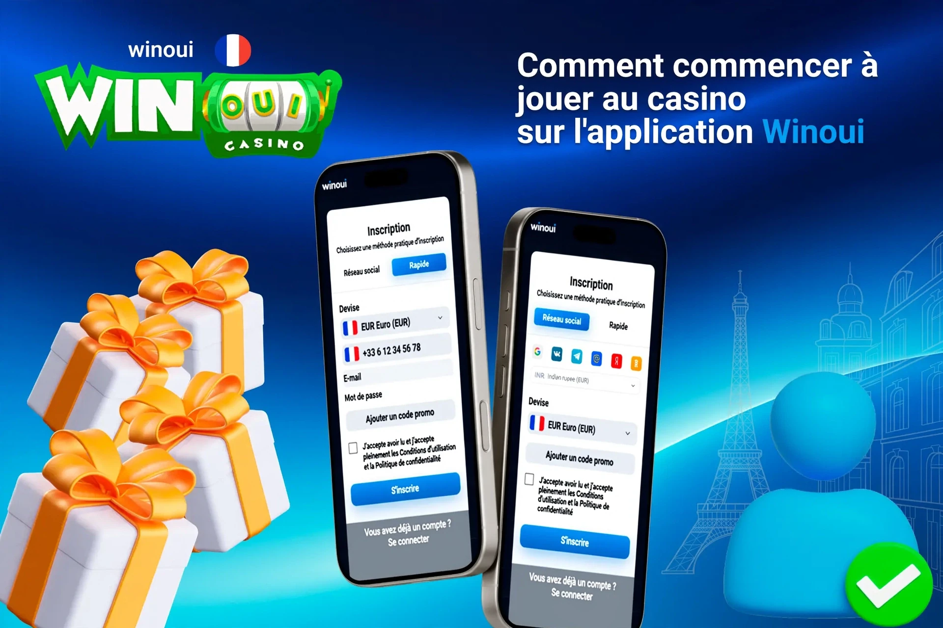 Écran d'inscription de l'application Winoui sur mobile avec étapes faciles à suivre et icônes de coffrets cadeaux