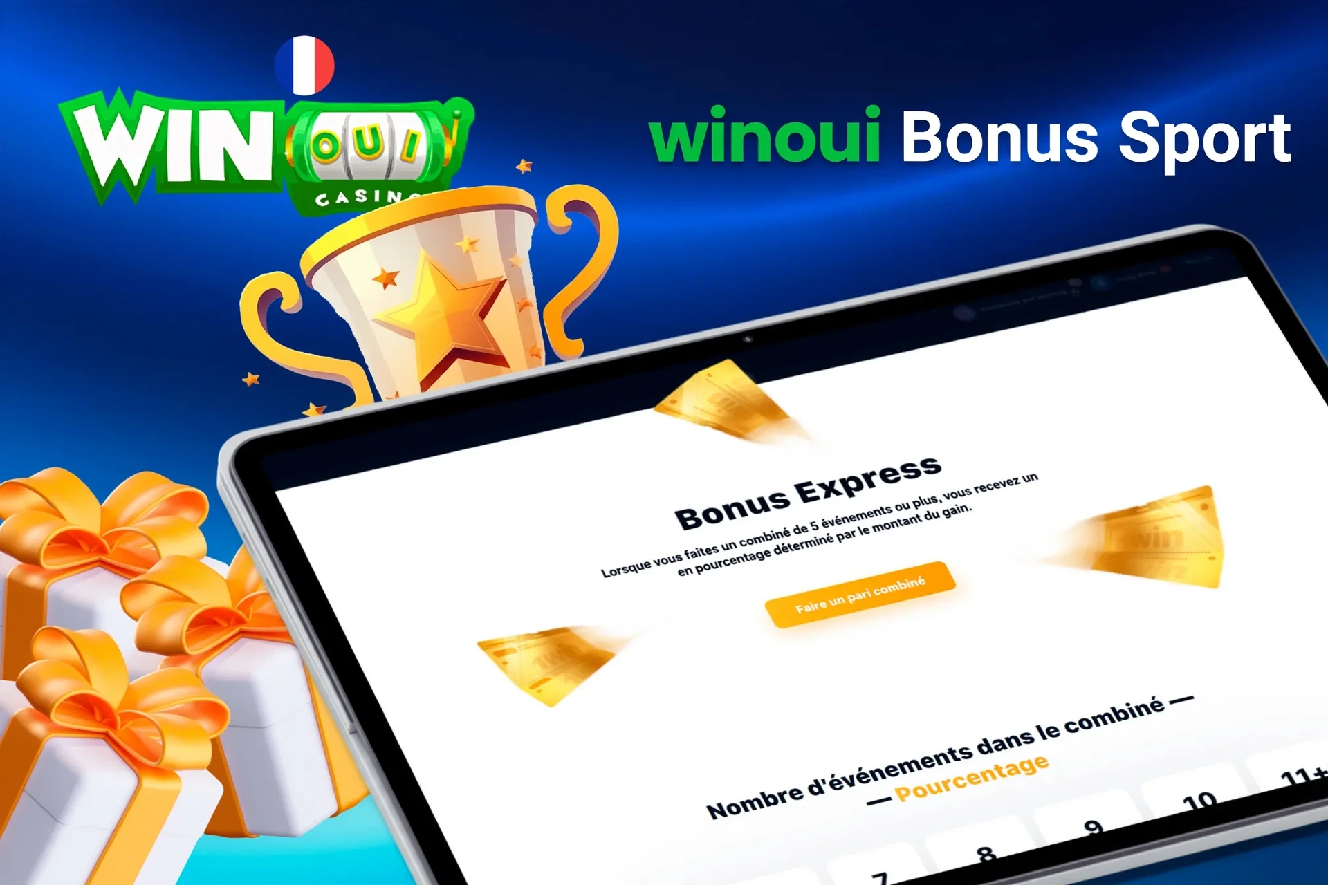Tablet screen with express bonus offer for sports betting from 1Win, with trophy and gift boxes.
