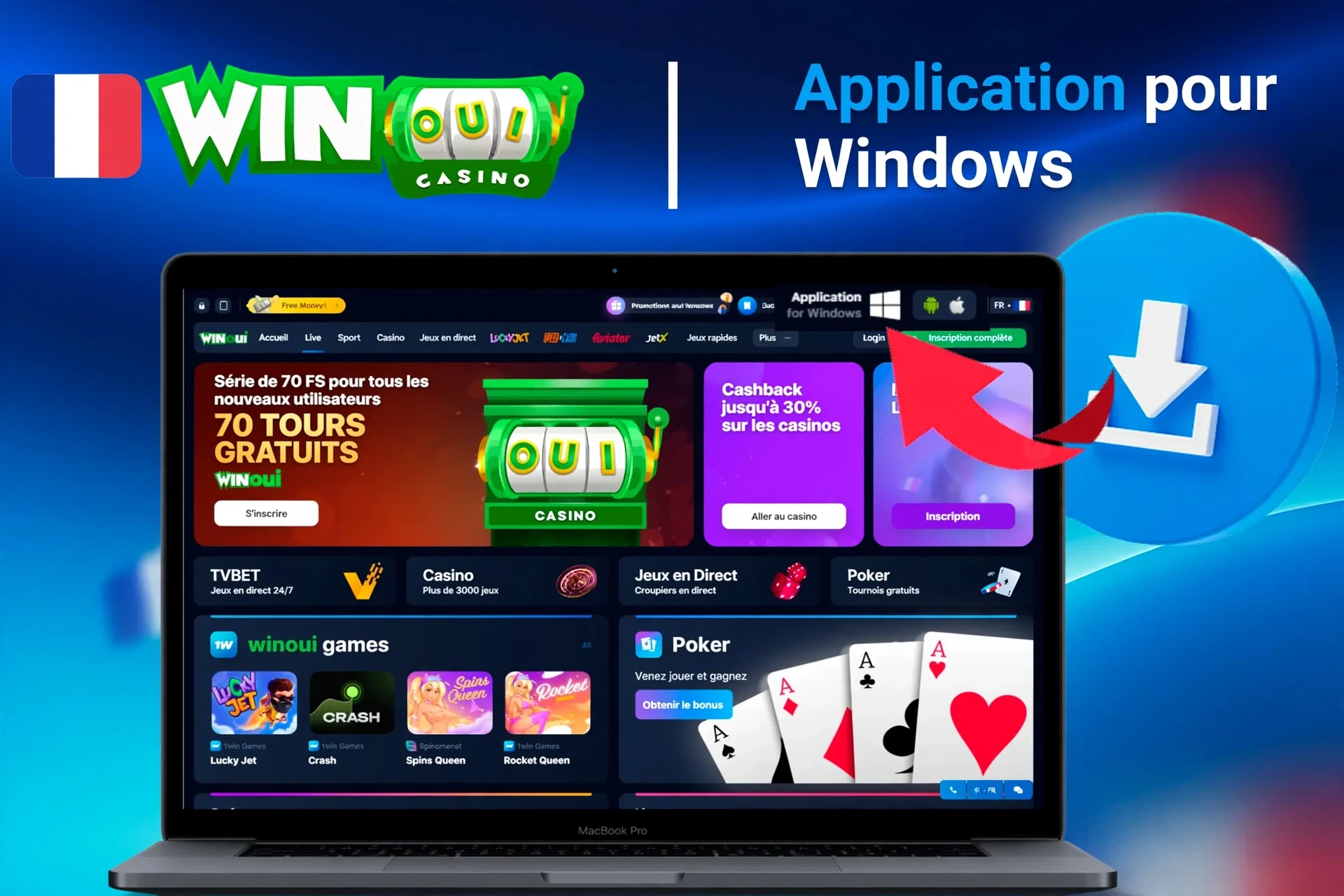 Application pour Windows avec instructions de téléchargement et promotion de 300 tours gratuits