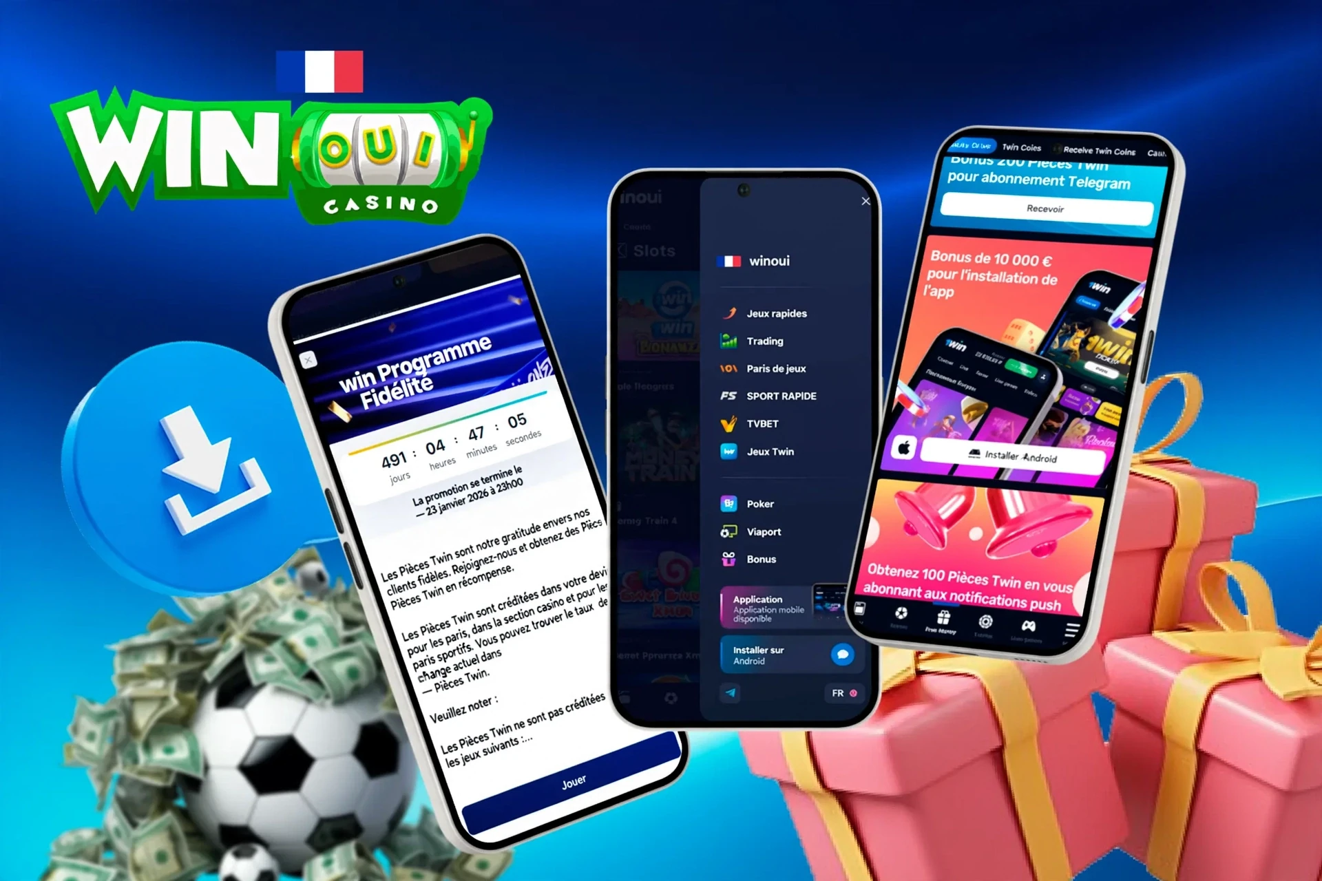 Mobile screens showing loyalty program, app installation bonus, and football icon with download button