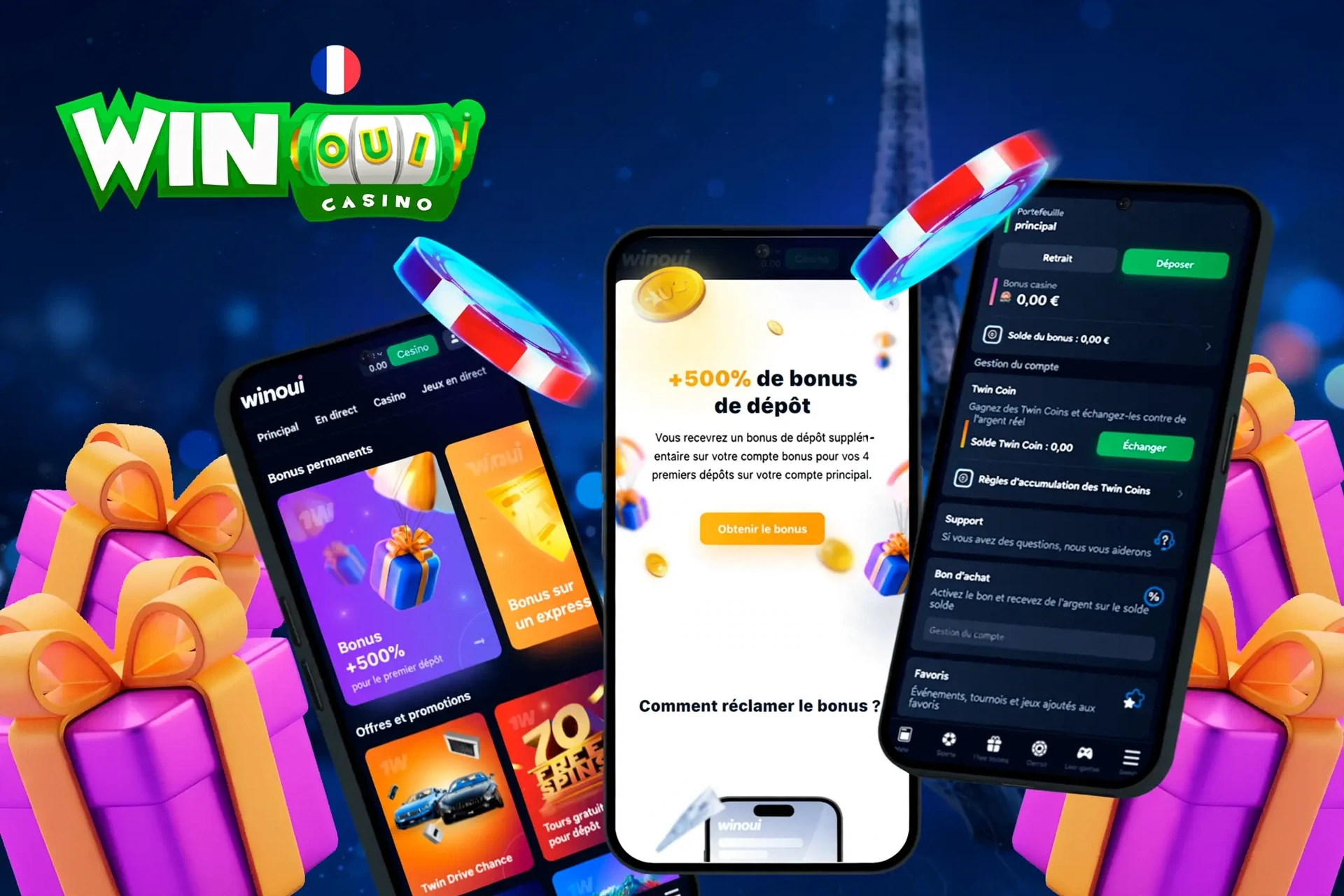 application affichant les instructions pour réclamer un bonus de dépôt de 500% sur mobile avec des éléments de jeu colorés