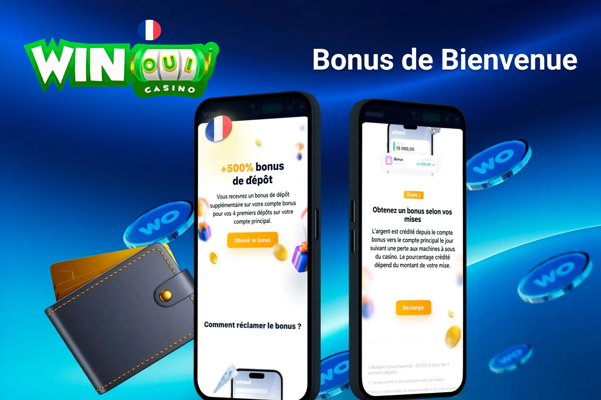 écran du bonus de bienvenue Winoui affichant le bonus de dépôt et les tours gratuits, présenté sur deux écrans mobiles