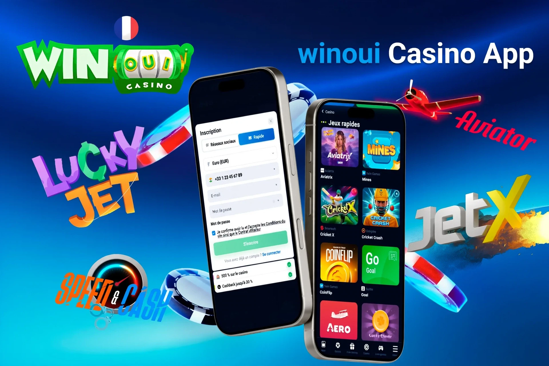 Écran d'inscription de l'application Casino Winoui avec jeux rapides comme Aviatrix et JetX