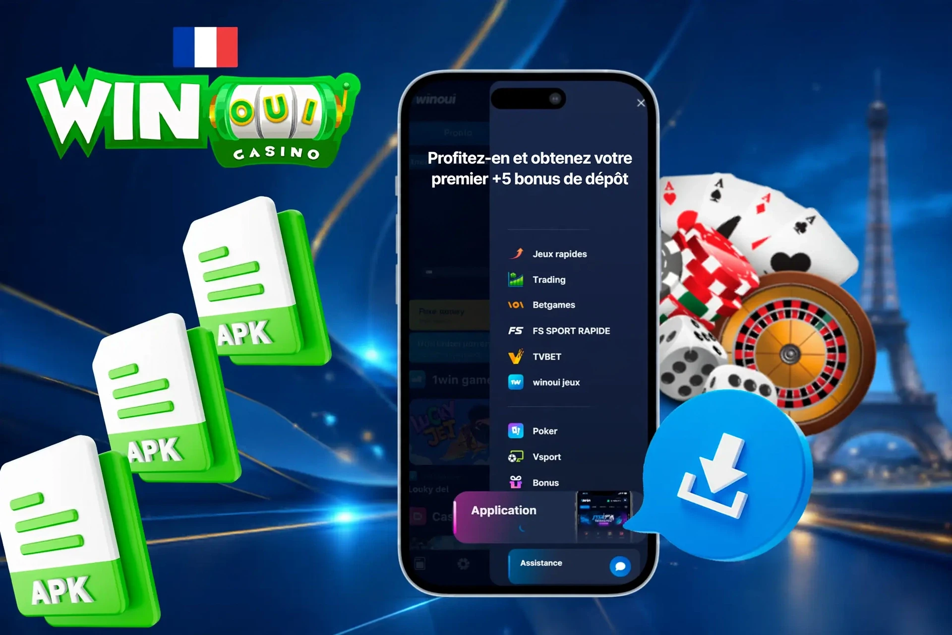 Application Winoui avec icônes de fichiers APK et jetons de casino illustrant l'accès mobile aux jeux Winoui
