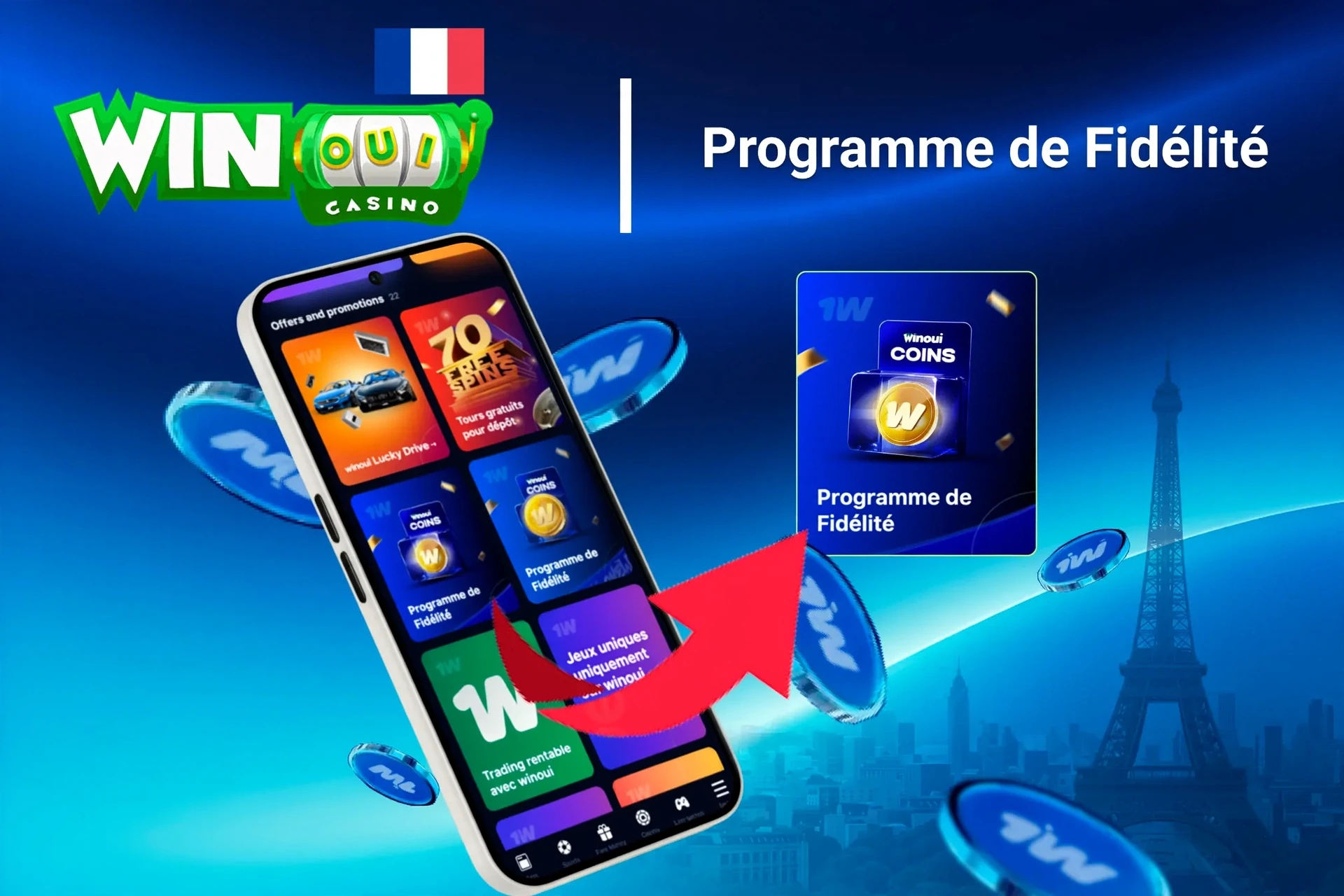 Mobile app showing 1Win loyalty program and offers like free spins and Lucky Drive.