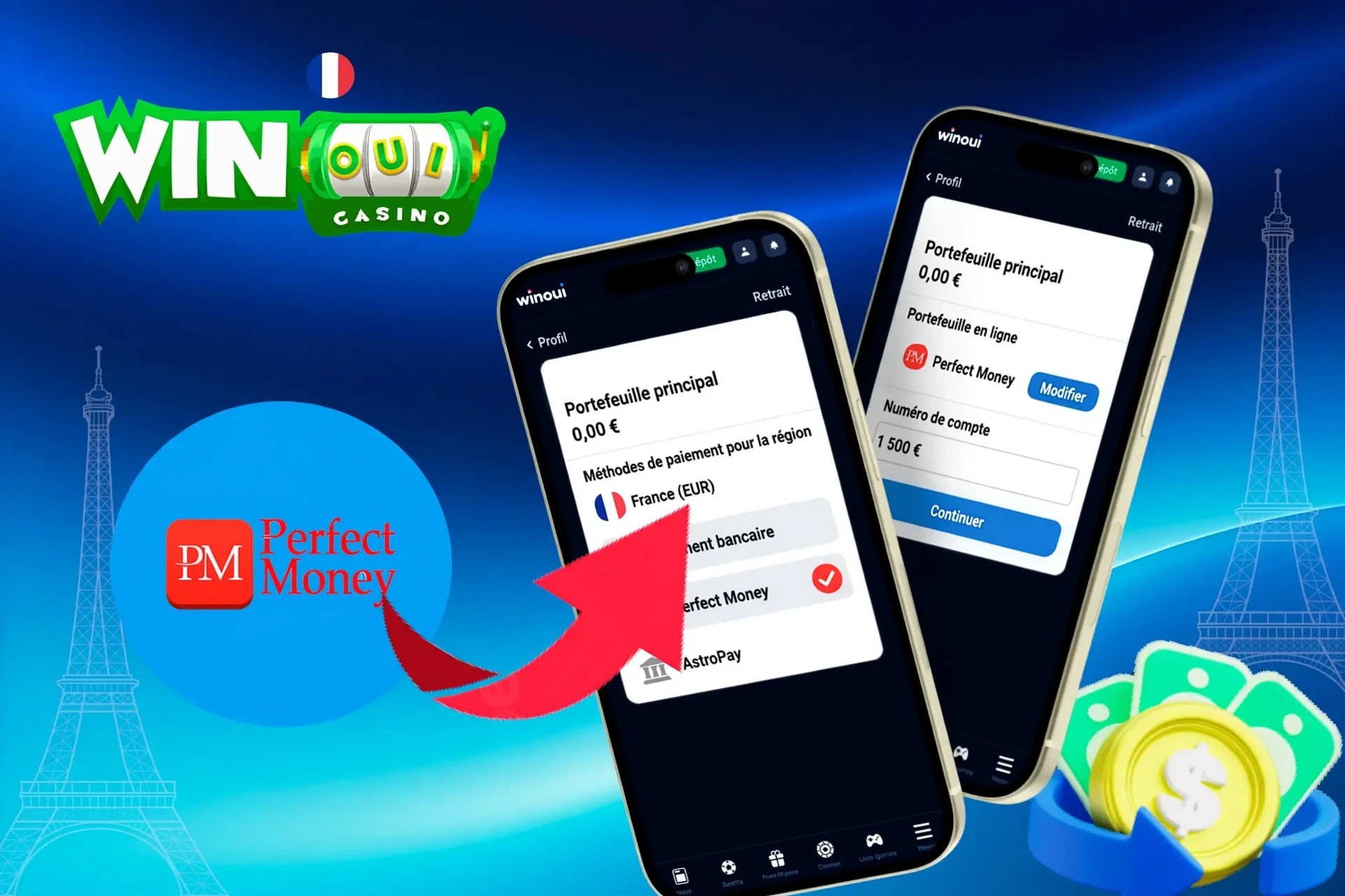 options de retrait, présentant Perfect Money, AstroPay et d'autres services de portefeuille, affichées sur une interface mobile