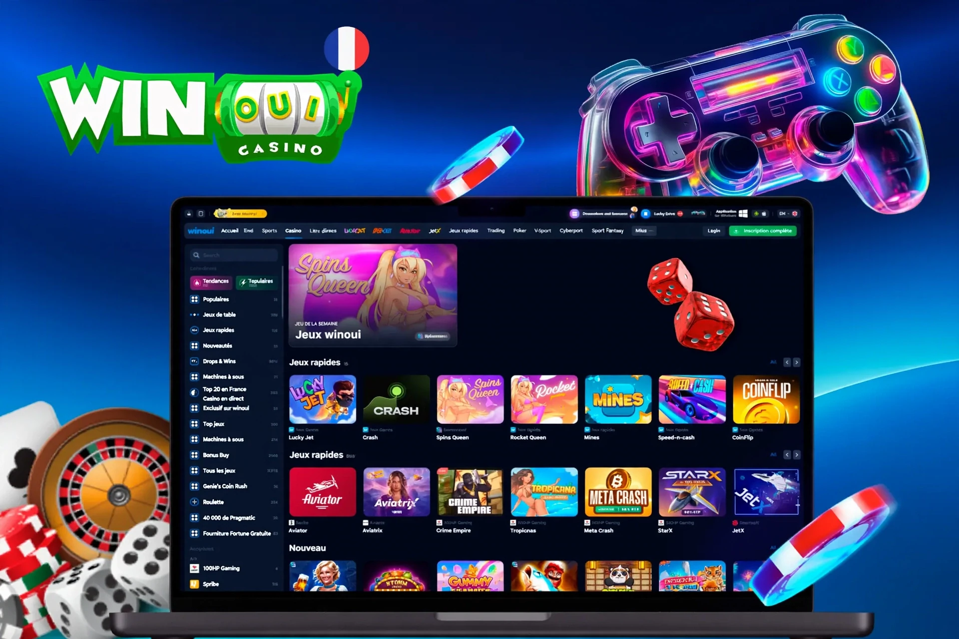 interface d'application montrant une variété de jeux comme Spins Queen, Crash et Rocket Queen avec une icône de manette de jeu colorée
