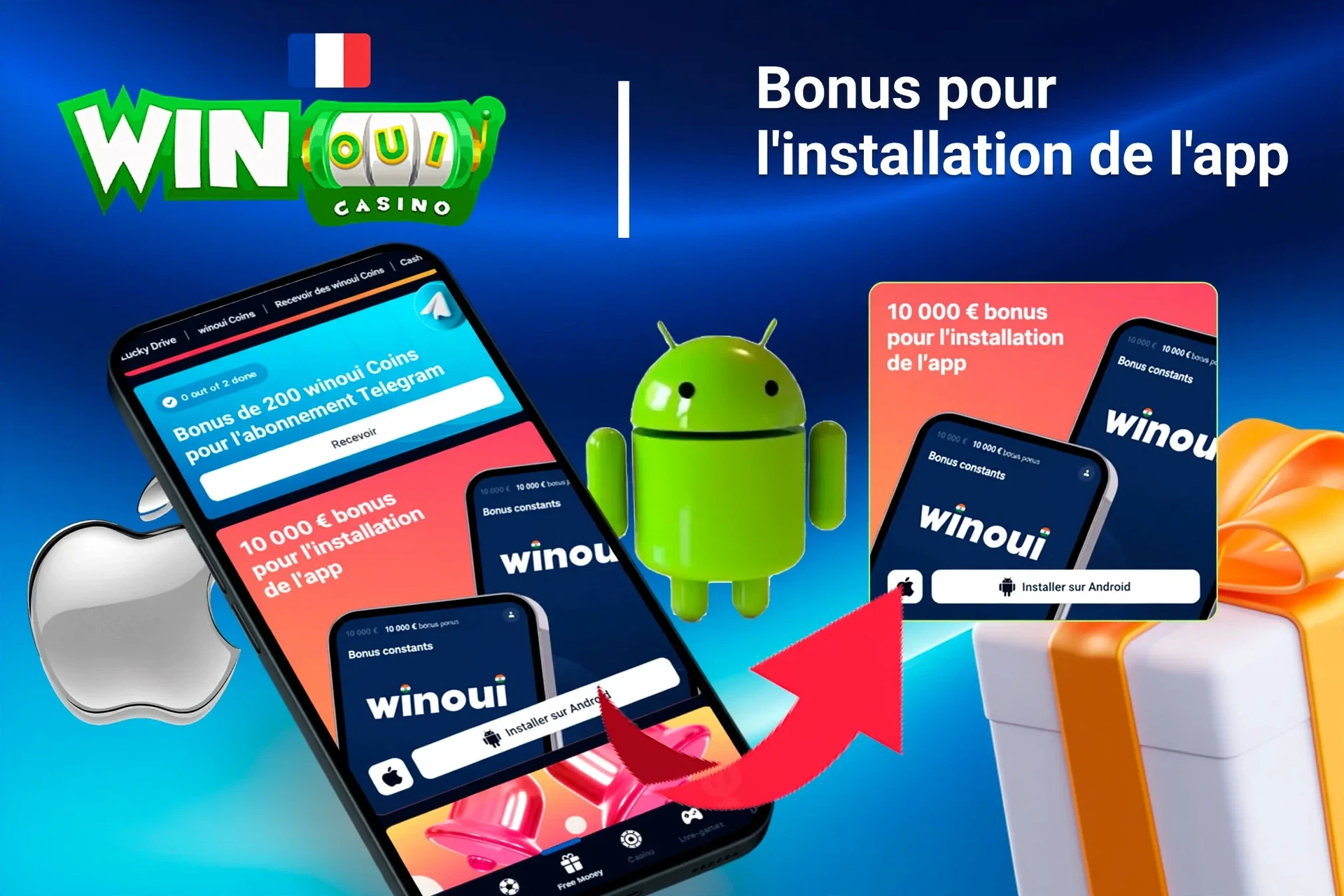 Offre de bonus Winoui pour l'installation de l'application mobile avec logos Android et Apple, et boîtes cadeaux