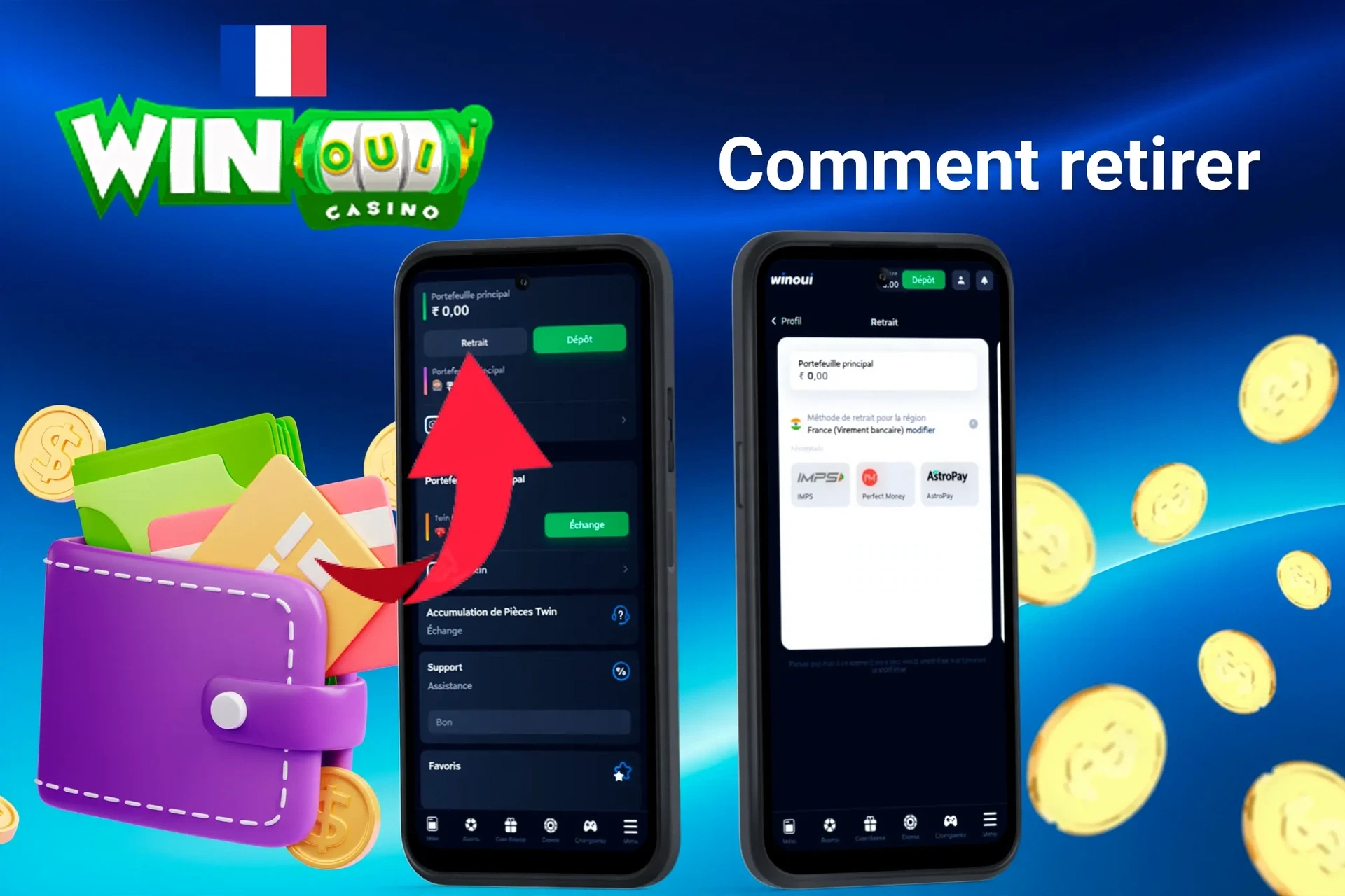interface mobile montrant le processus de retrait avec une flèche pointant vers les options de retrait et le solde de portefeuille disponible