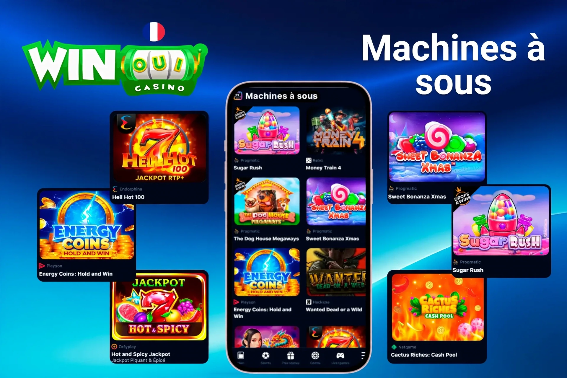 Slots games featuring popular titles like Sugar Rush, Energy Coins, and Hell Hot 100 on mobile and desktop