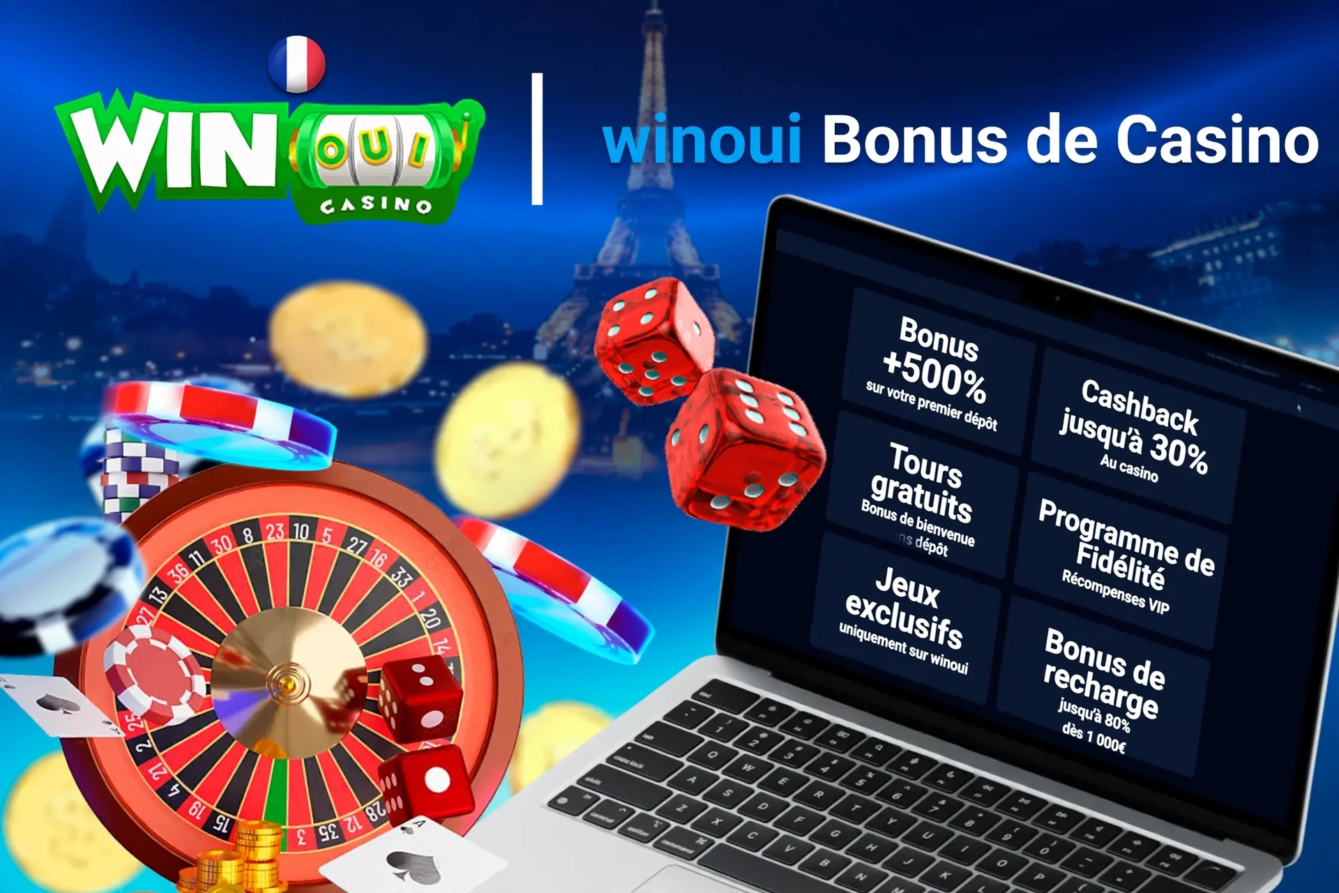 Écran d'ordinateur montrant divers bonus du casino Winoui avec roulette, dés et jetons de poker