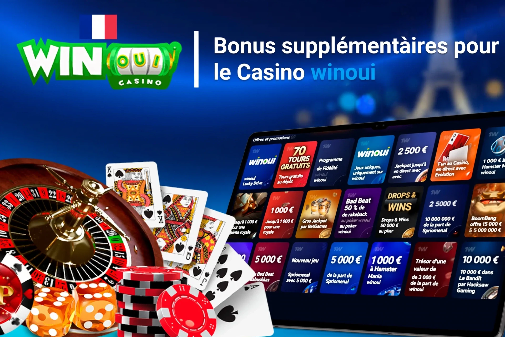Application mobile affichant des offres de jeux de casino comme le programme de fidélité et les tours gratuits avec jetons et cartes