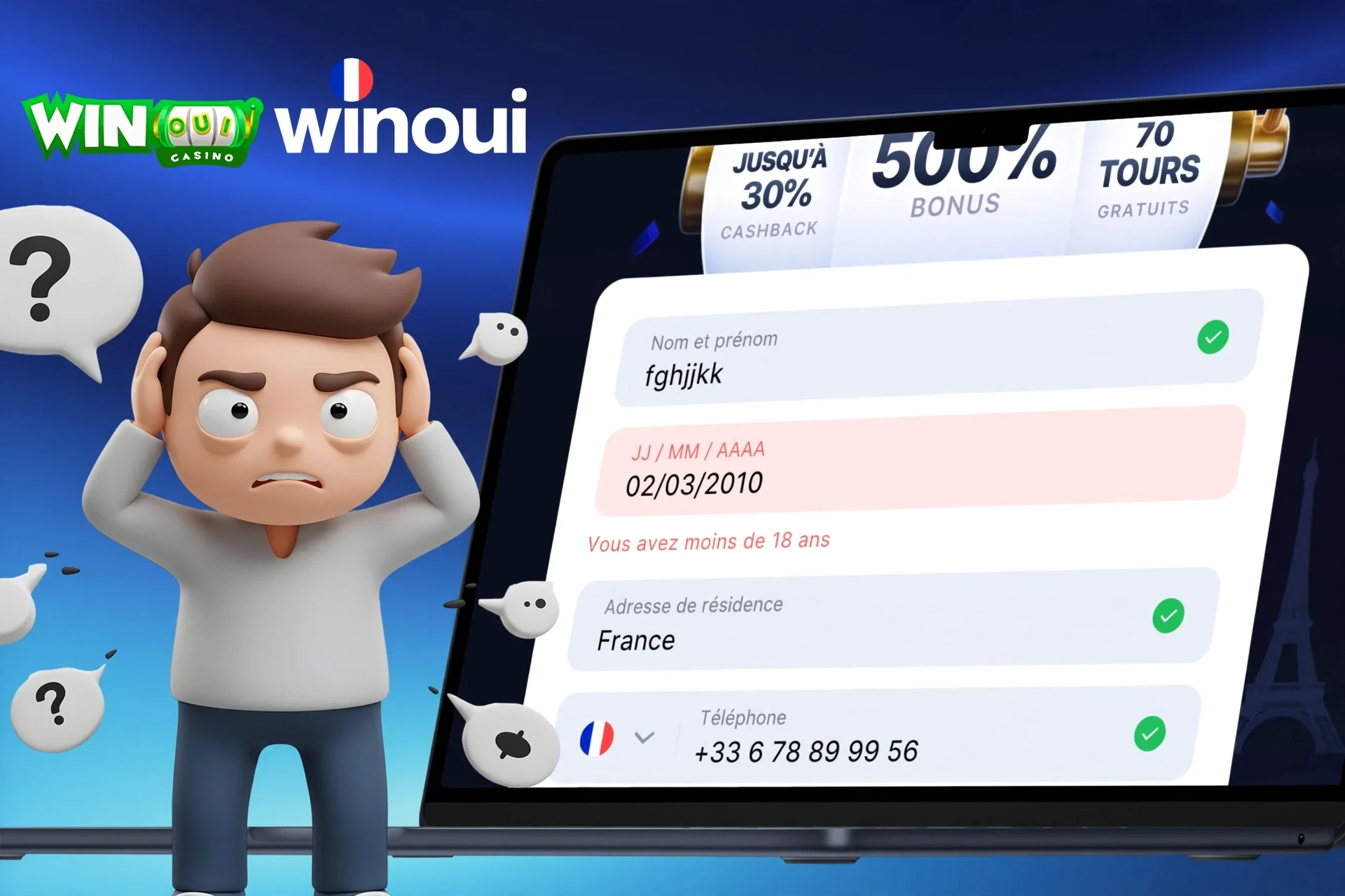Description des difficultés possibles lors de l'inscription sur Winoui